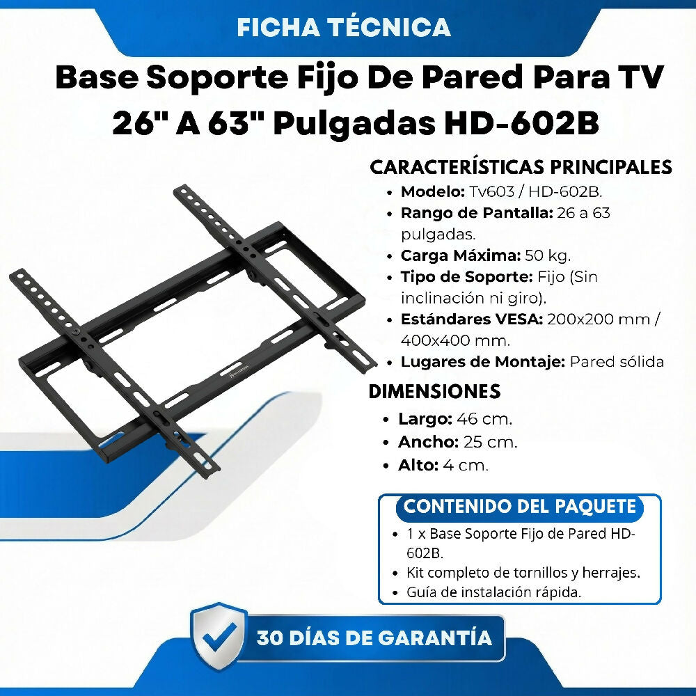 Base Soporte Fijo De Pared Para TV 26" A 63" Pulgadas HD-602B