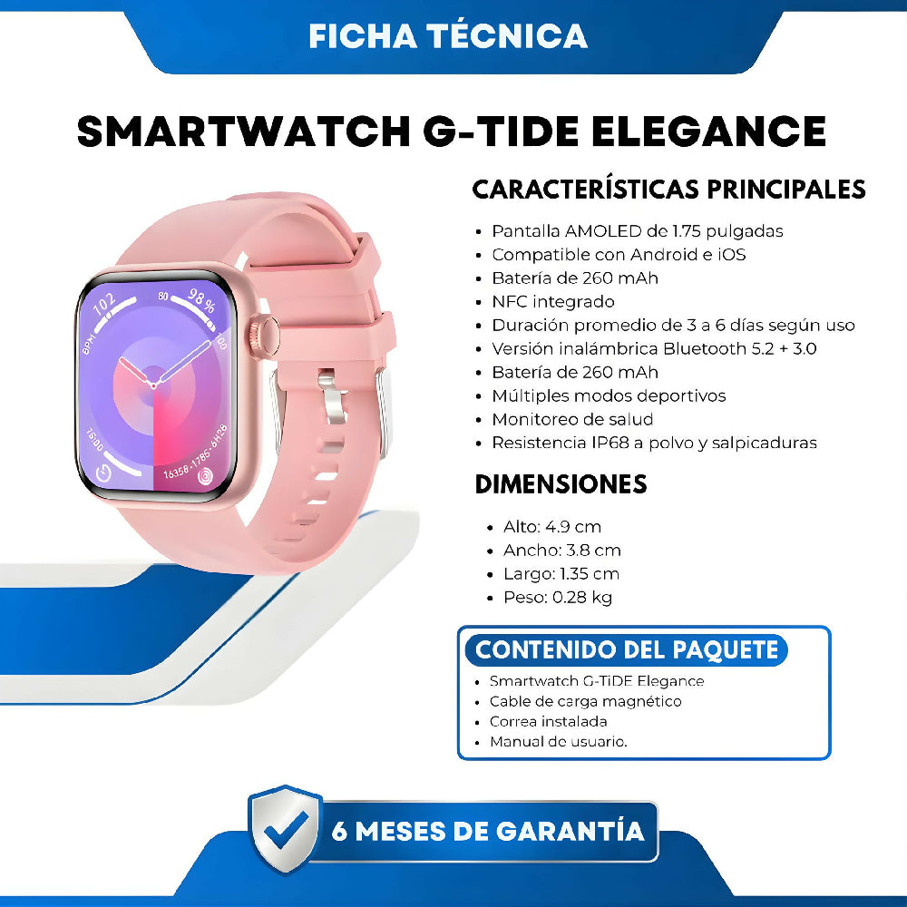Smartwatch G-Tide Elegance Reloj Inteligente Con Llamadas Bluetooth, Monitor De Salud Y Diseño Elegante