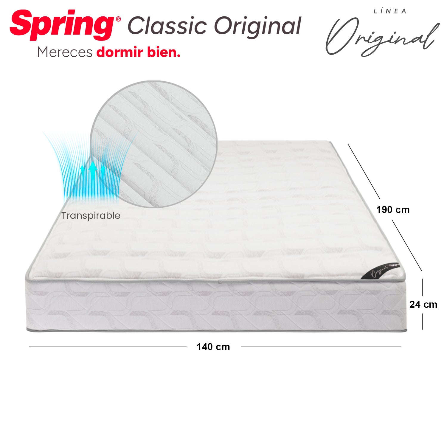 Combo Colchón Spring Classic Original Doble 140X190 Cm + Base Cama Gris + Cabecero Gris + Almohadas Siliconadas + Protector Impermeable