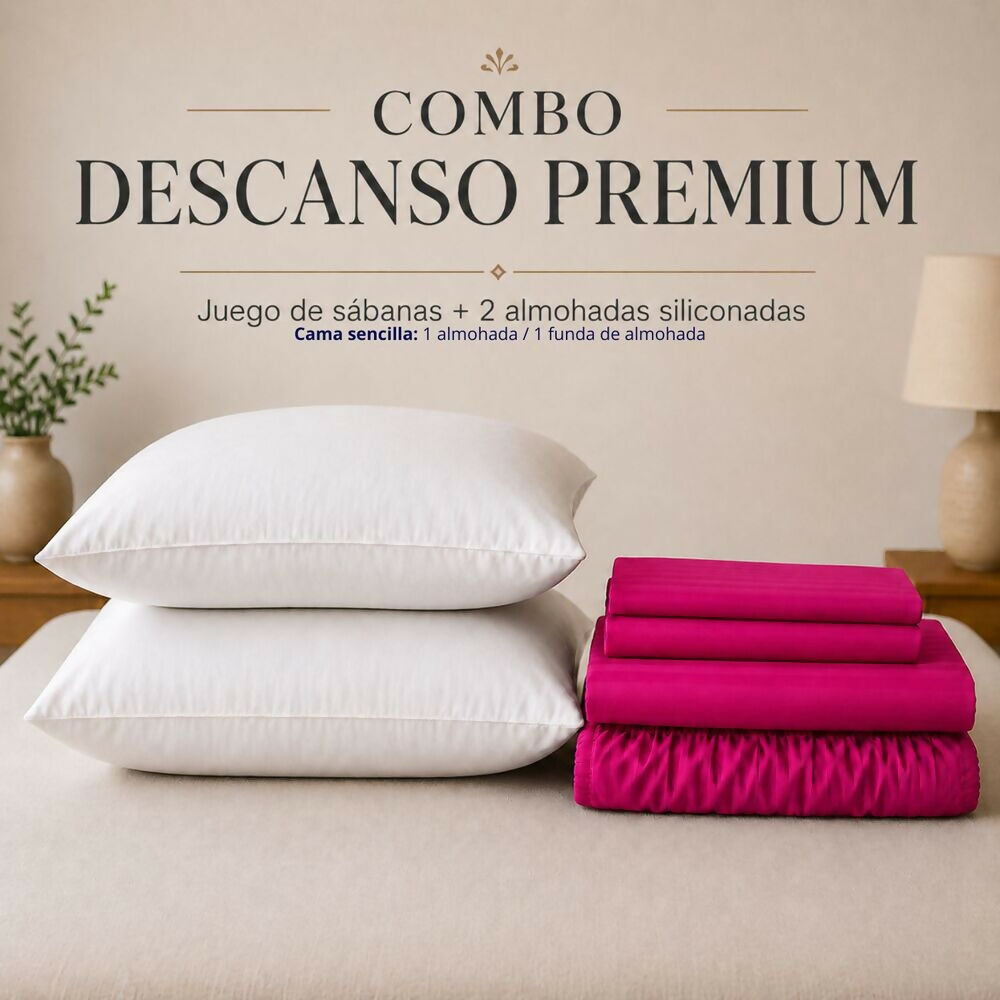 Combo Juego de sábanas + 2 almohadas siliconadas king fucsia