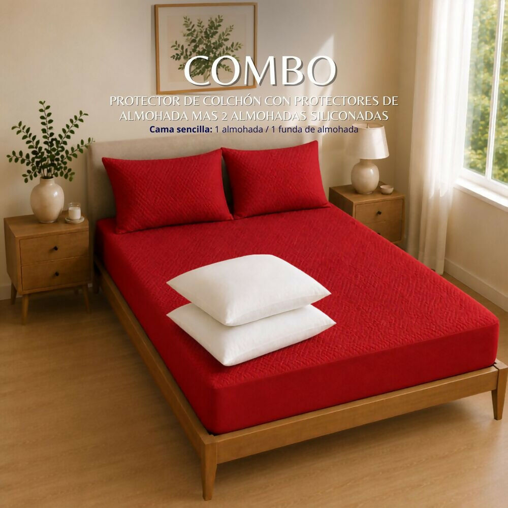 Combo protector colchon + 2 almohadas siliconadas queen rojo