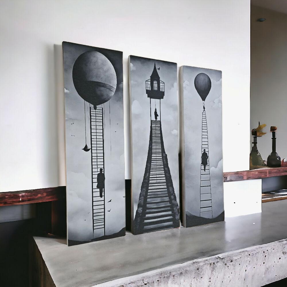 Lienzos Tríptico Arte Escaleras Monocromáticas Hacia El Éxito 60X18CM