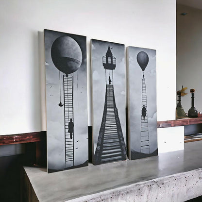 Lienzos Tríptico Arte Escaleras Monocromáticas Hacia El Éxito 60X18CM