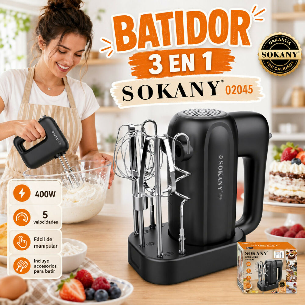 Batidor Electrico Sokany 3 En 1 SK-02045 Con 400W De Potencia Cocina Batidora