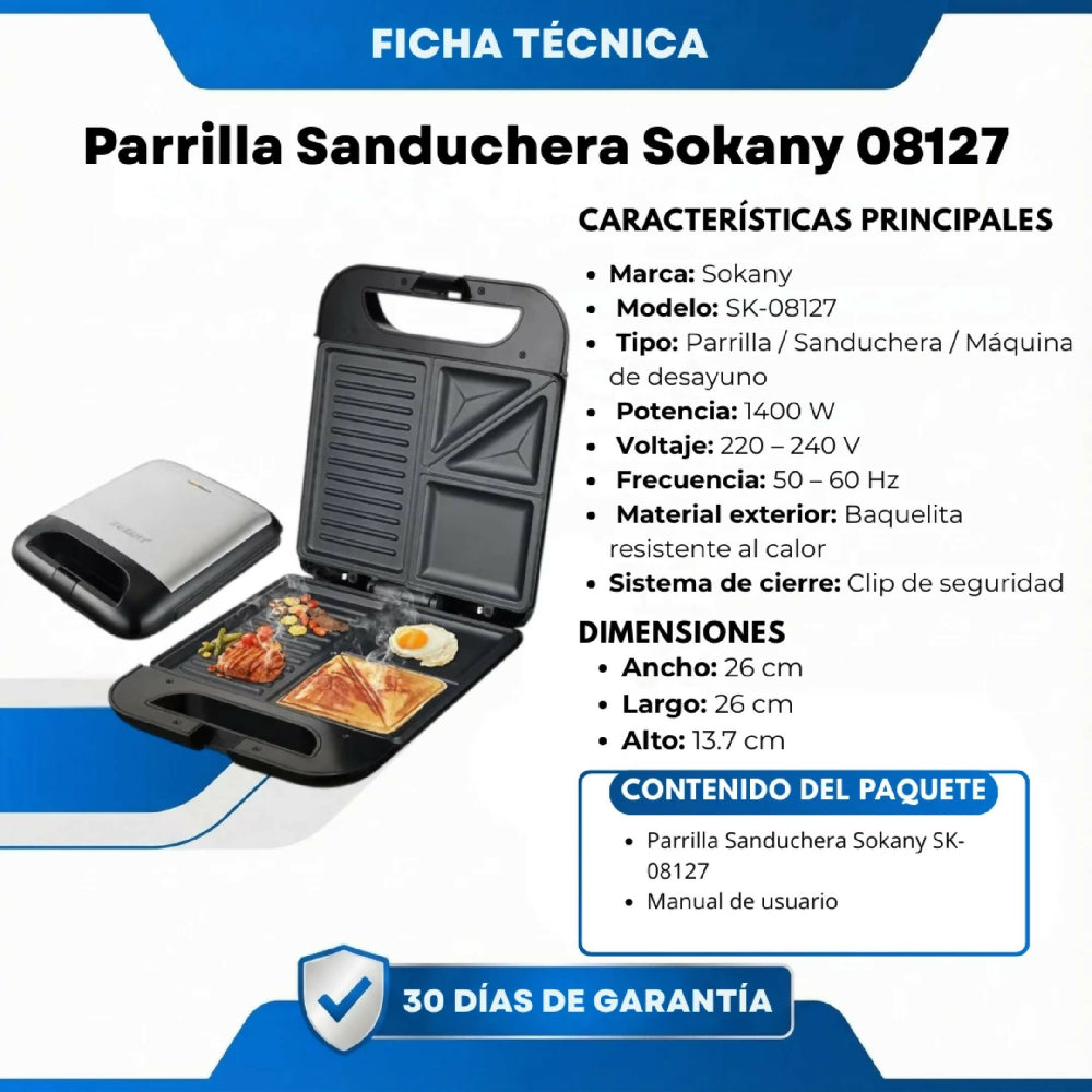 Parrilla Sanduchera Sokany SK-08127 Con Placas Antiadherentes Y Sistema De Calentamiento Uniforme