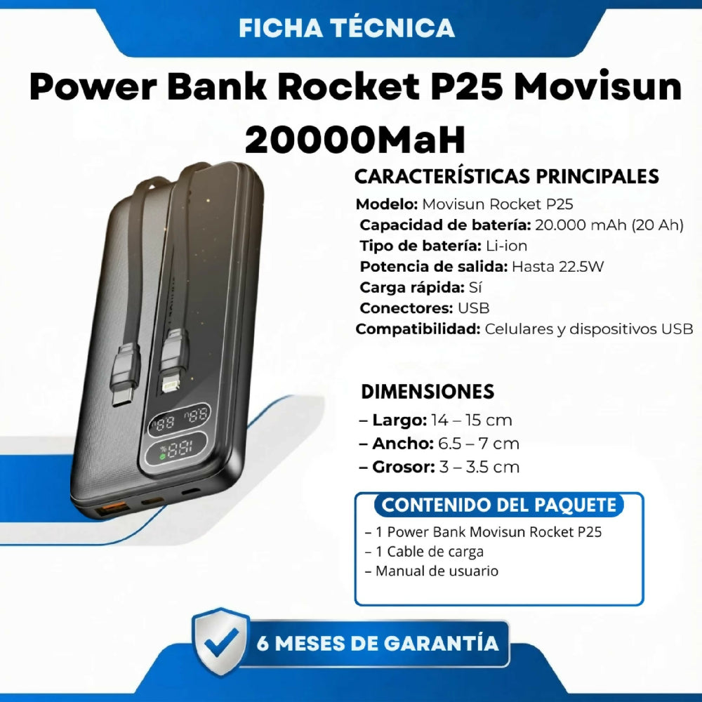 Power Bank Rocket P25 Movisun 20000MaH Con Carga Turbo
