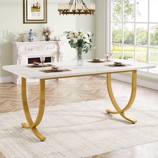 Mesa de comedor rectangular para mesa de cocina moderna blanca y dorada de 4 a