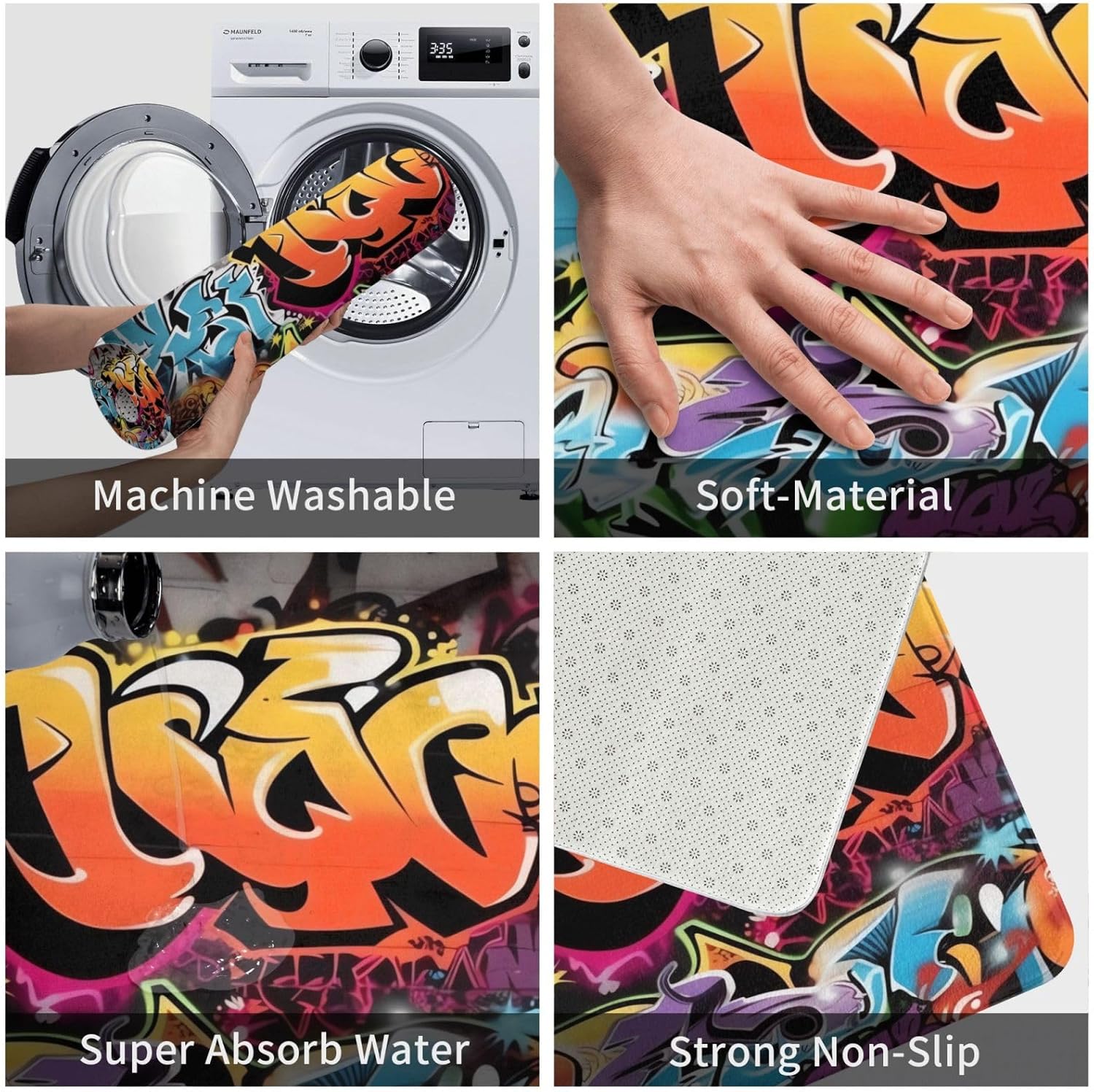 Alfombra de baño con estampado de graffiti hip hop, alfombra de franela suave