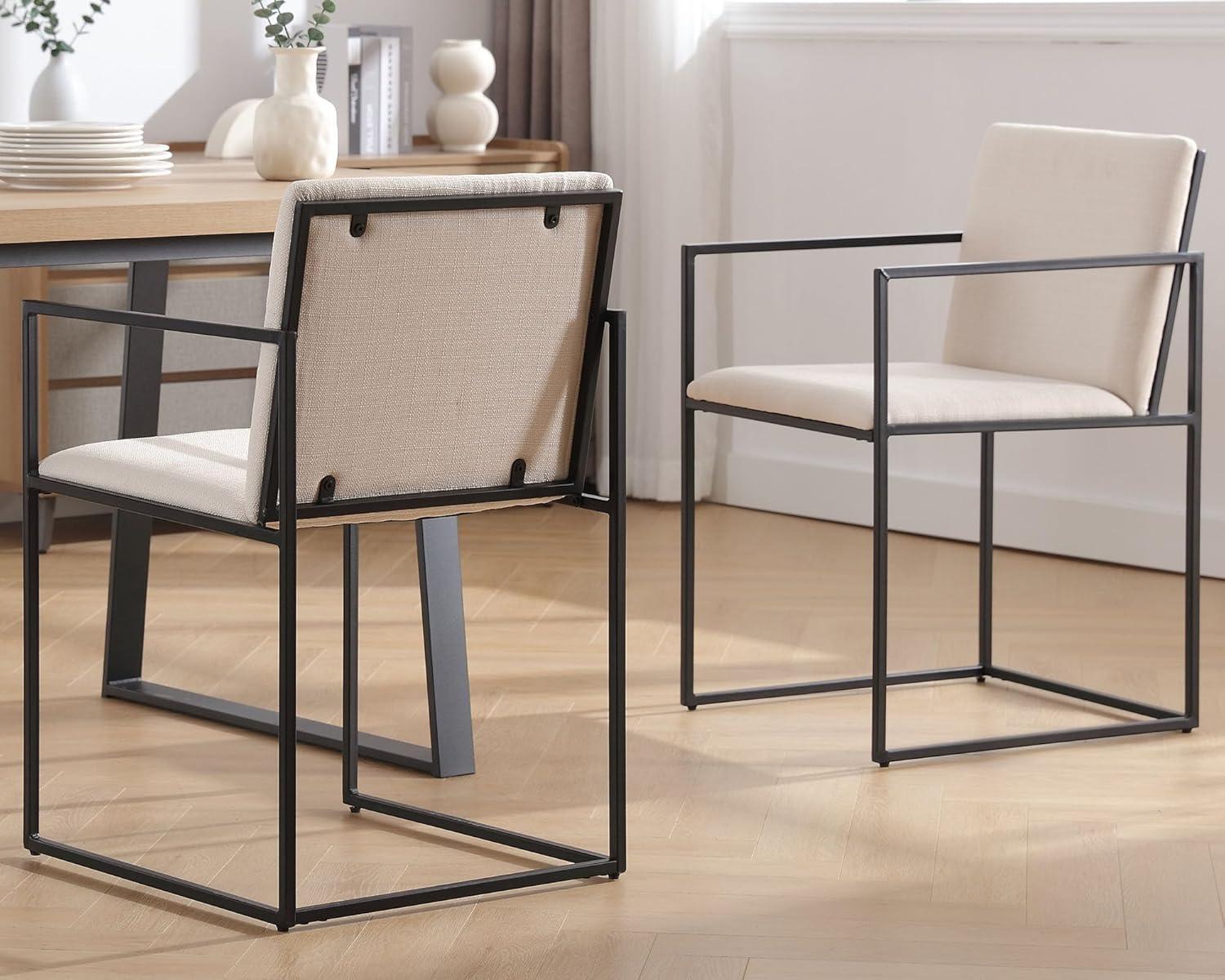 Sillas de comedor de lino con patas de metal negro, sillas de comedor modernas