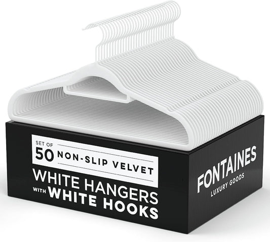 Paquete de 50 perchas antideslizantes de fieltro de terciopelo blanco de lujo,
