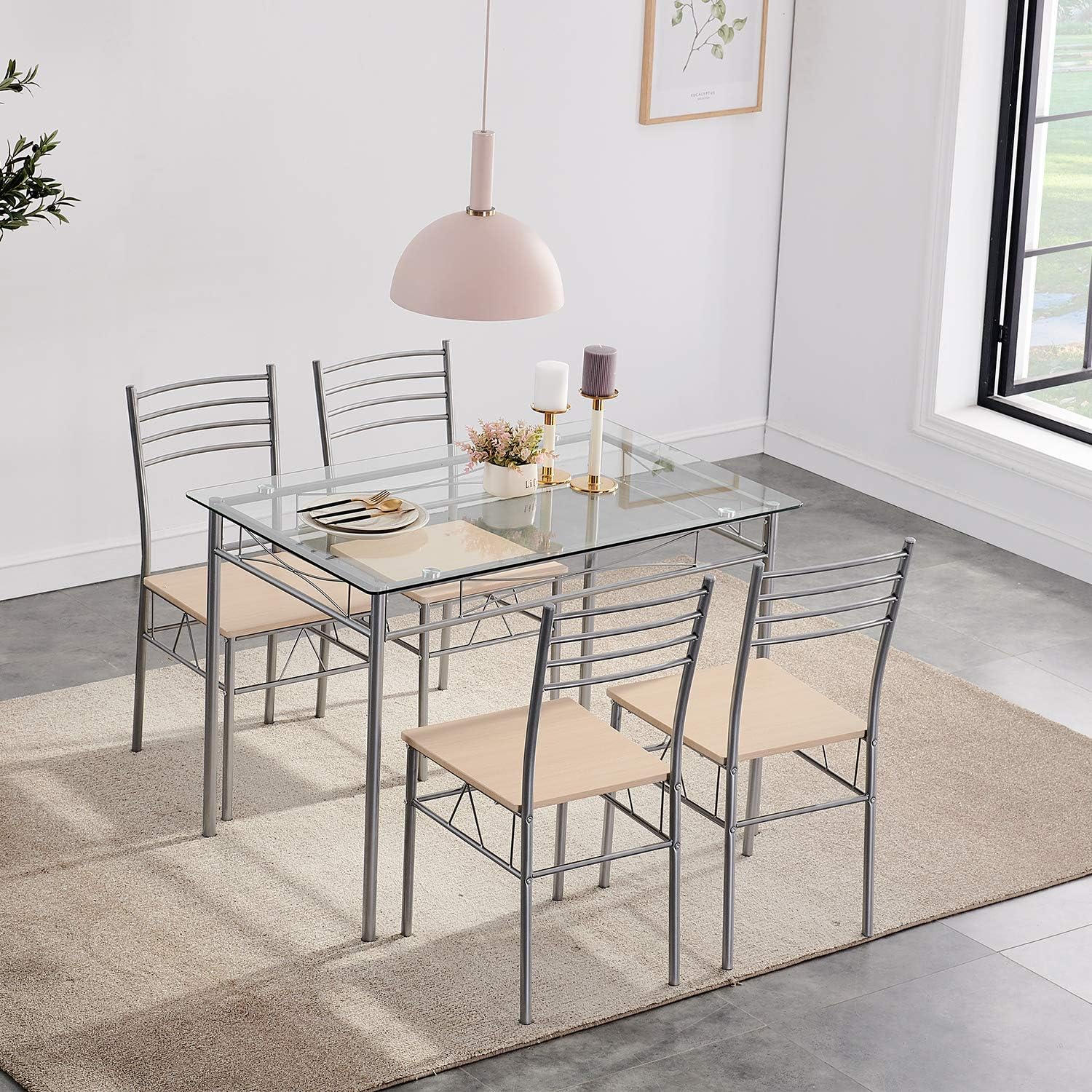 VECELO Mesa y sillas de comedor de cocina, 4, juegos de comedor de 5 piezas,...