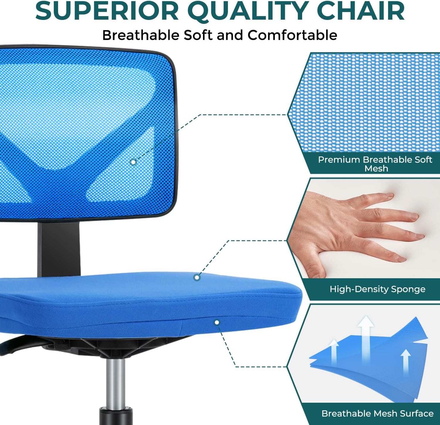 DUMOS Sillas de escritorio sin brazos con ruedas, bonita silla de oficina en...