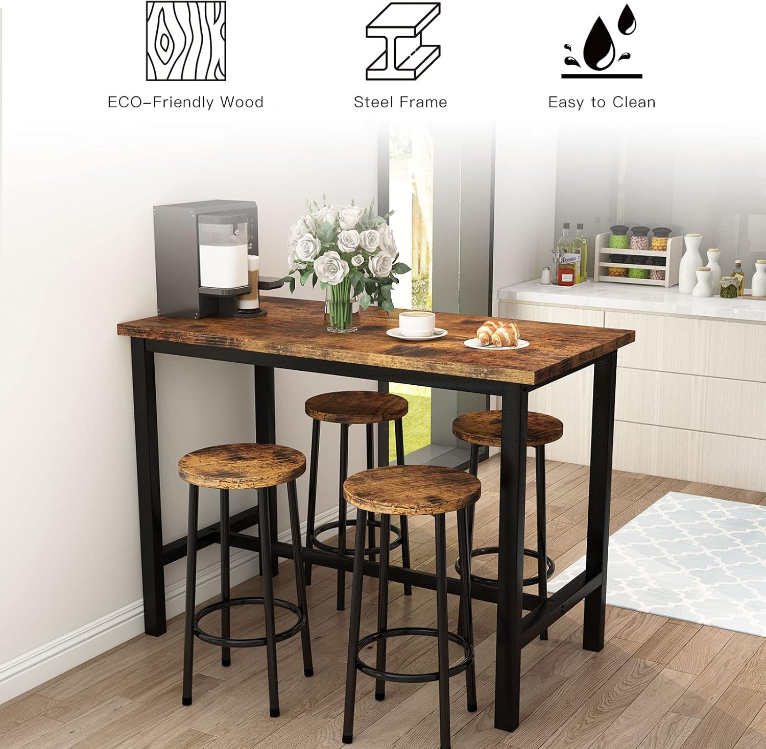 AWQM Juego de mesa de comedor para 4 mesas de bar con taburetes, mesa de pub...
