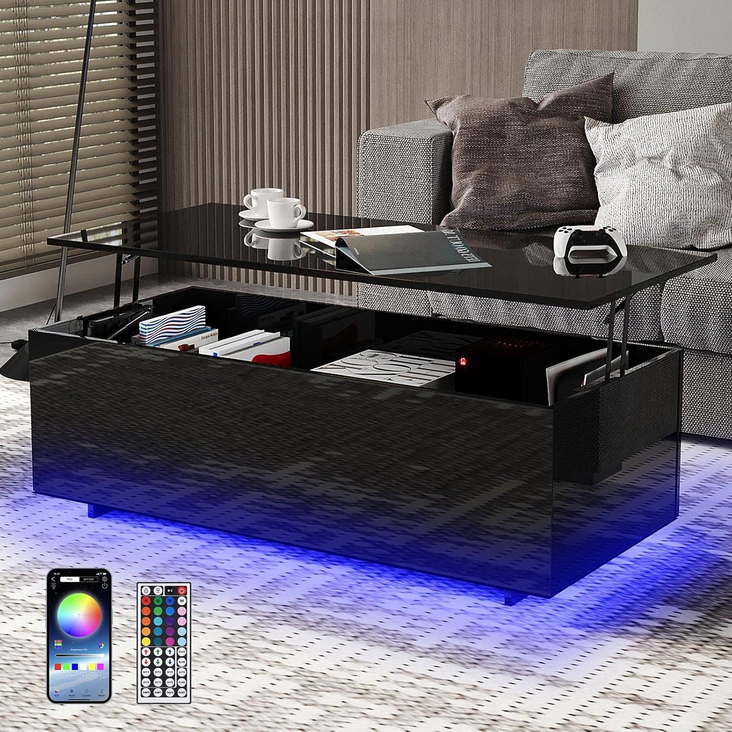 Mesas de centro LED para sala de estar, mesa de alto brillo con luces LED, 20...