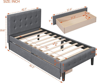 Cama de plataforma tapizada de tamaño individual con cajones de almacenamiento,