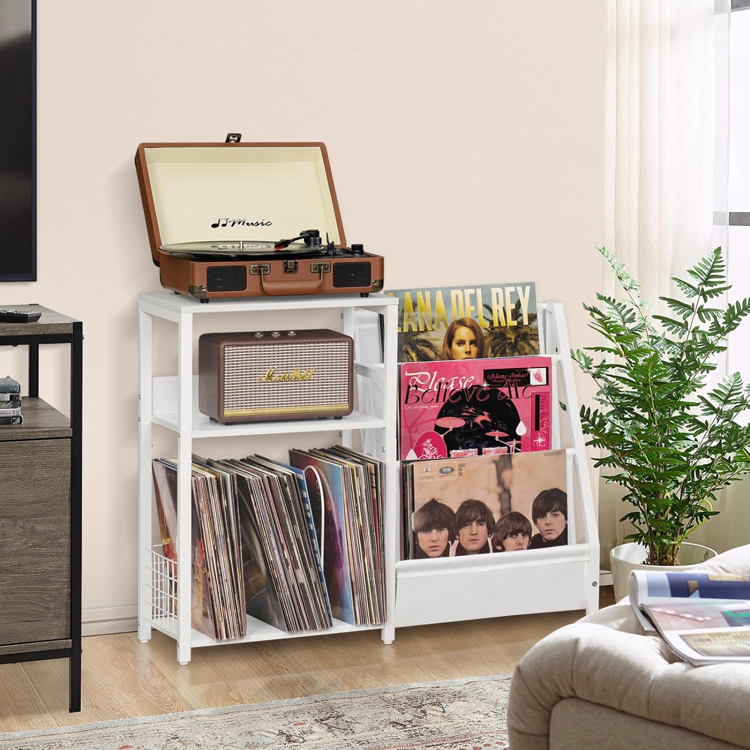 LELELINKY Mesa para tocadiscos, estante giratorio con almacenamiento de vinilo