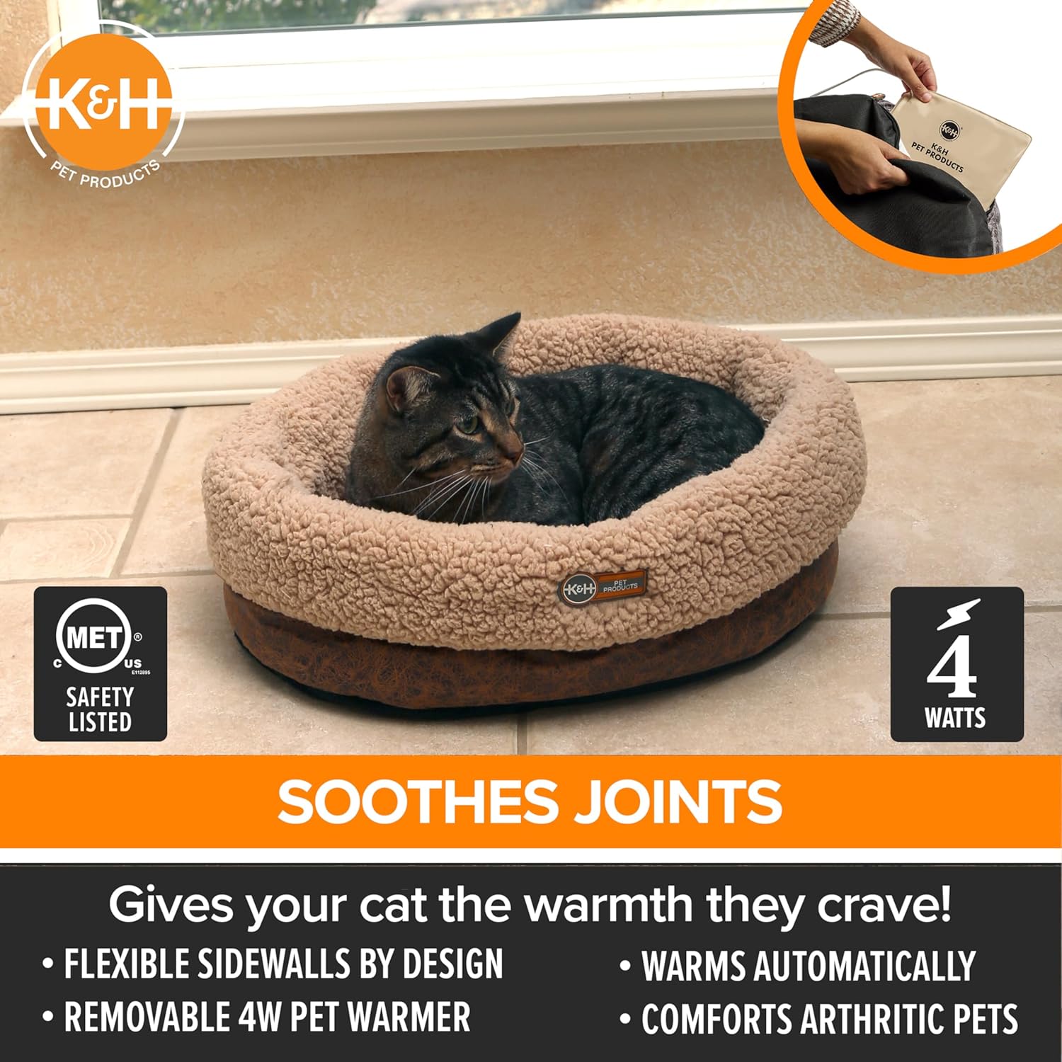 K&H PET PRODUCTS Cama térmica térmica para gatos con taza termoplástica, cama...