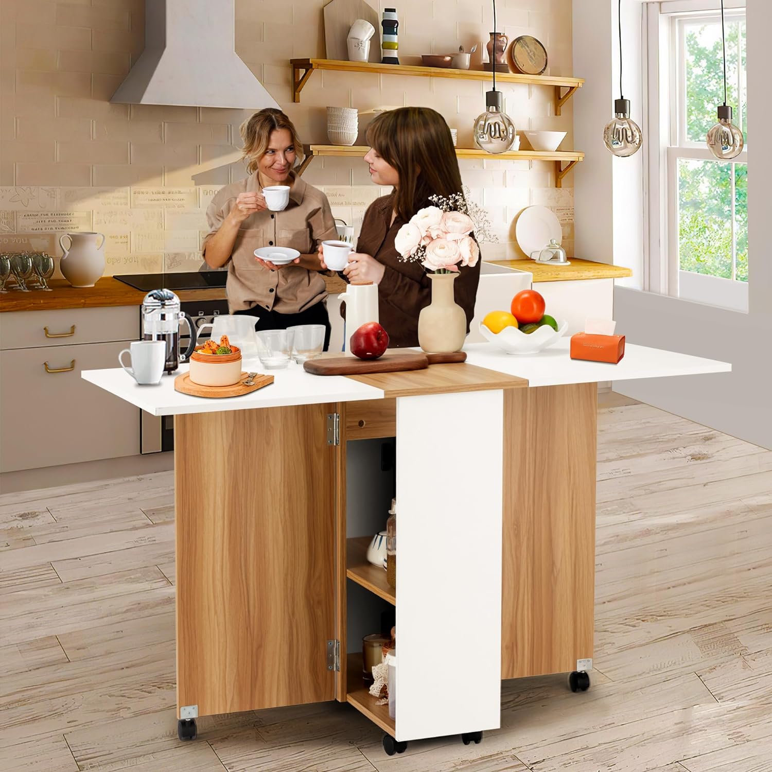 Mesa de comedor plegable, mesa de comedor de hojas caídas con ruedas con