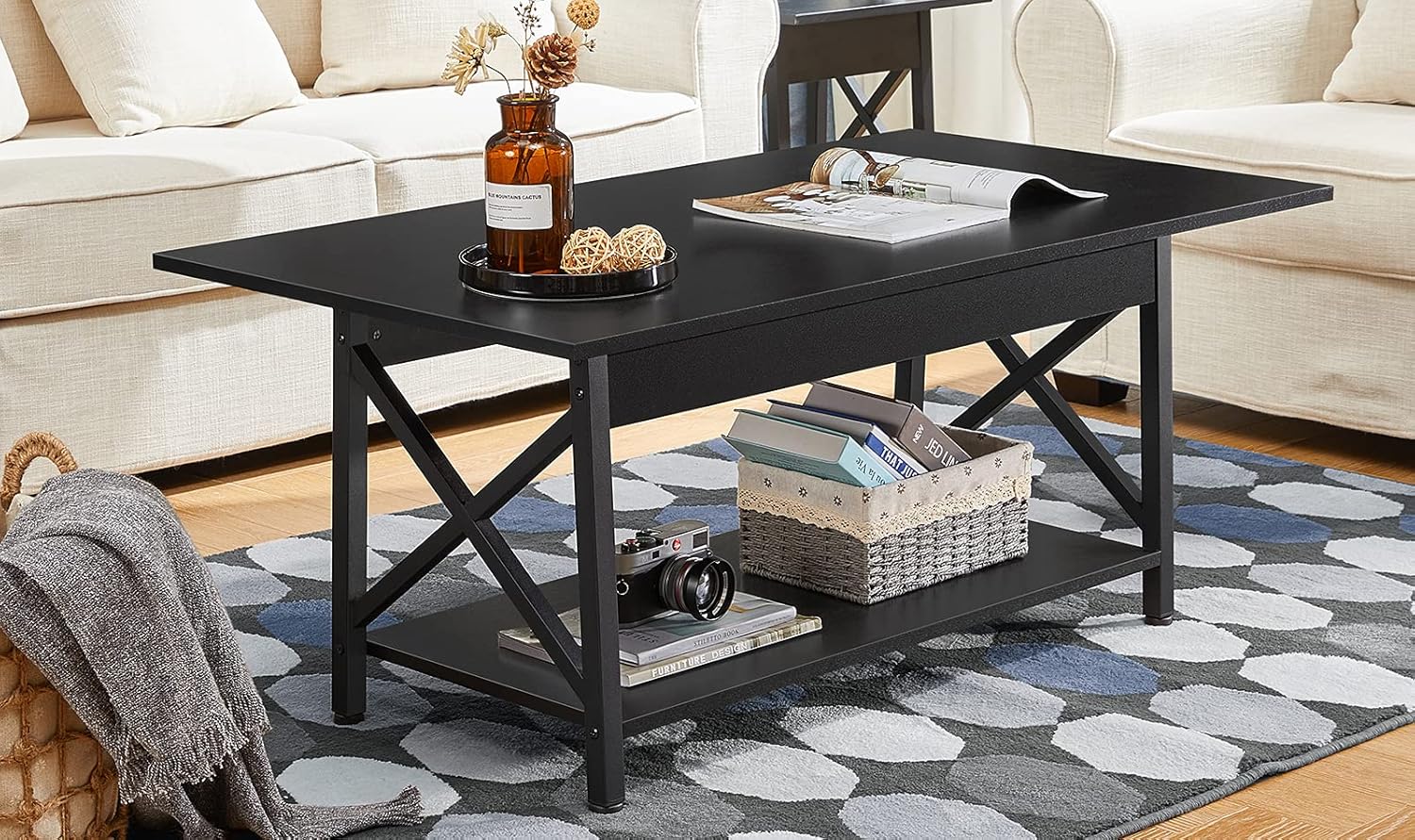GreenForest Mesa auxiliar negra con estante de almacenamiento de 43.3 x 23.6...