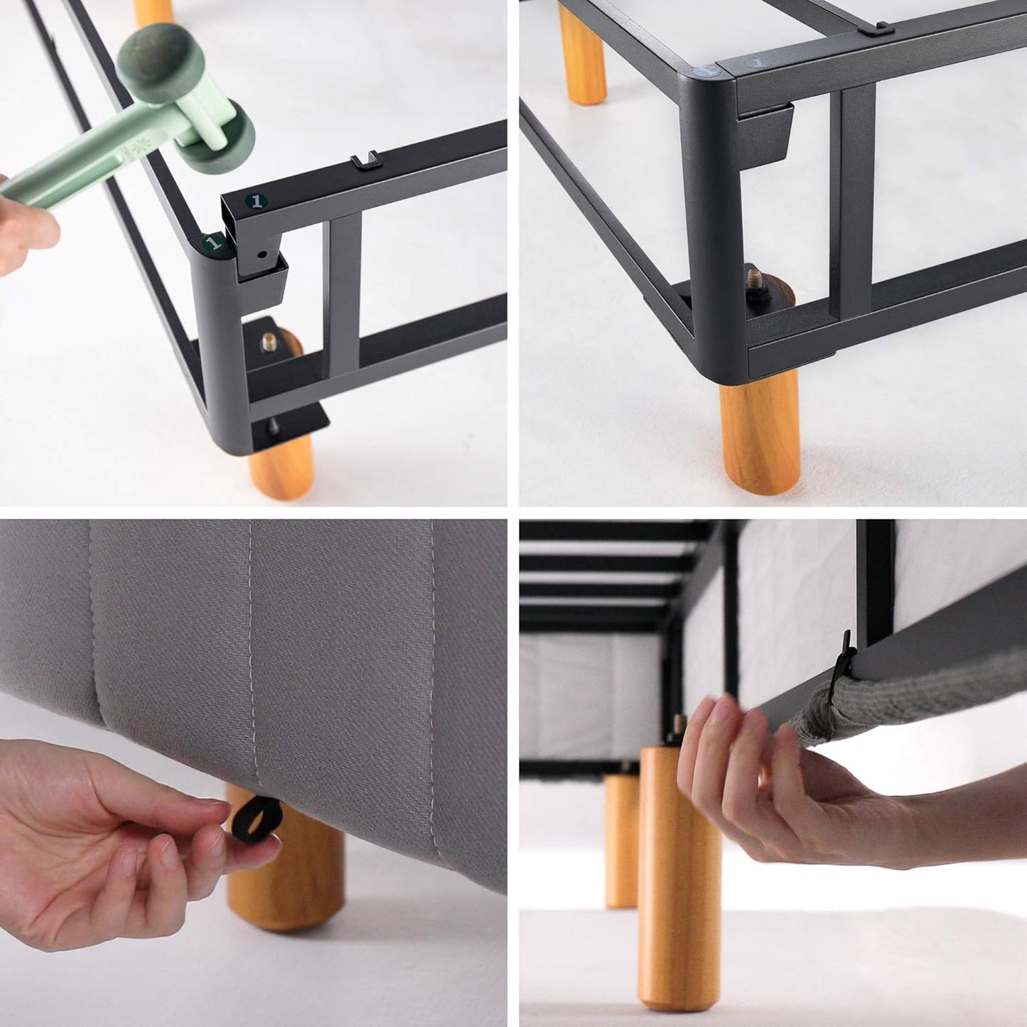 Colchón Justina con somier tipo plataforma y patas, Acero Tela Madera, Gris