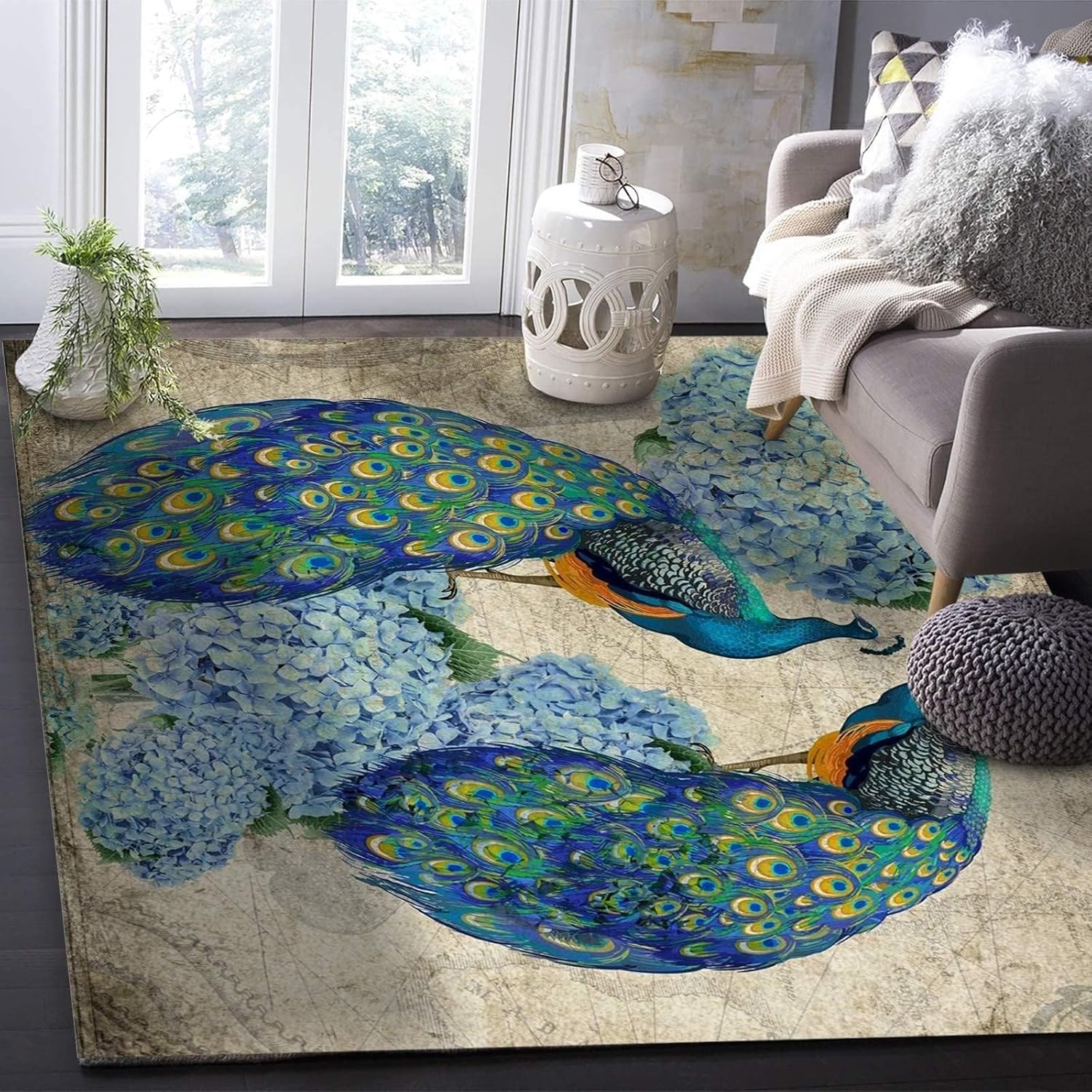 Alfombra clásica de acuarela de hortensias de pavo real, alfombra clásica de