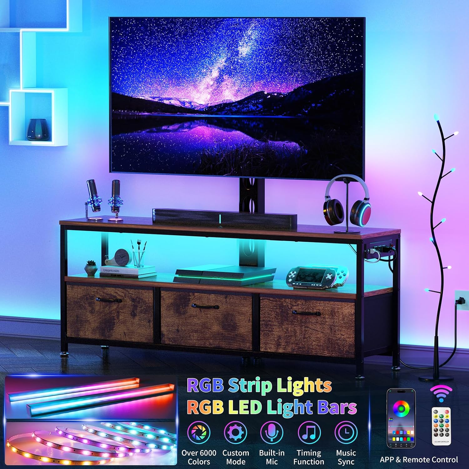 JUSTOGO Soporte de TV con soporte y toma de corriente, soporte de TV con...