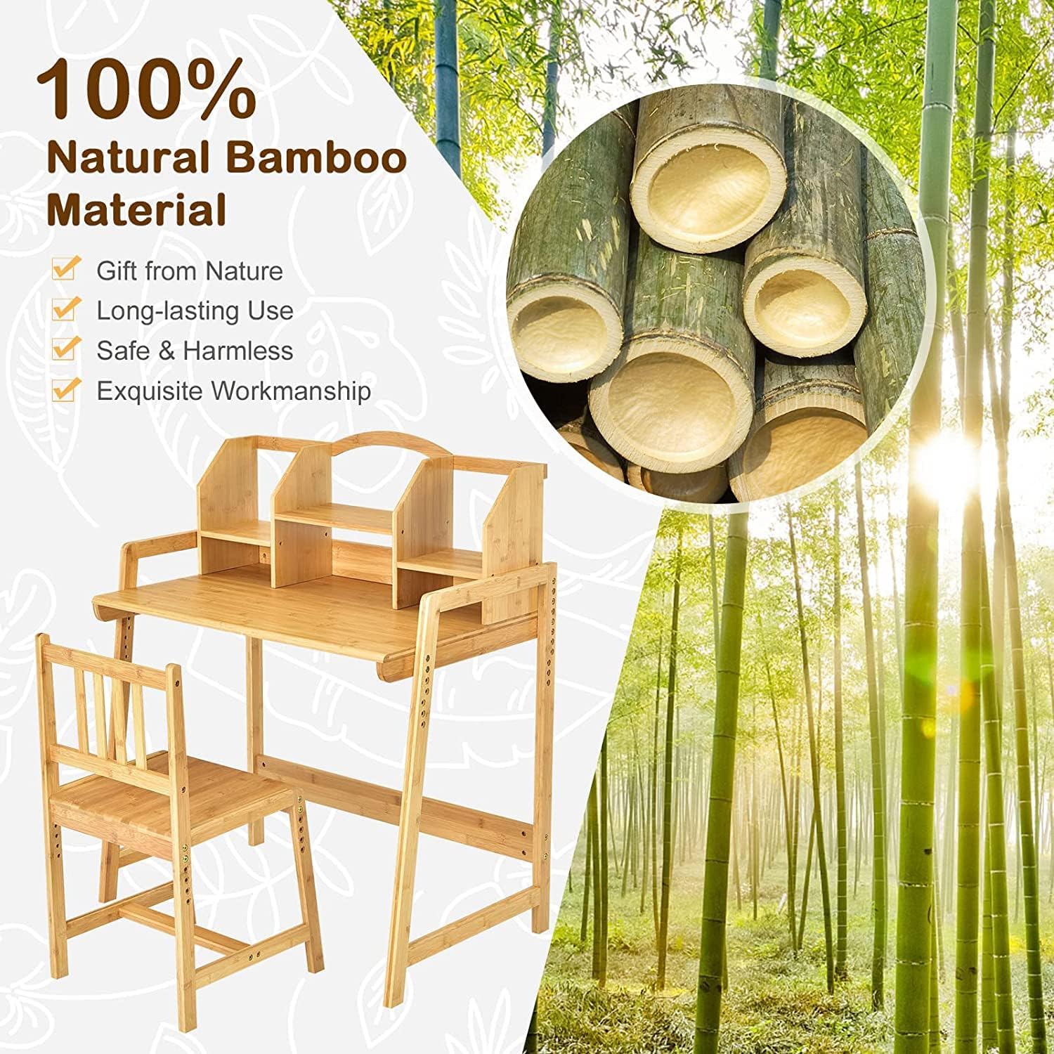 UNICOO - Juego de escritorio y silla de bambú ajustable en altura para niños,...