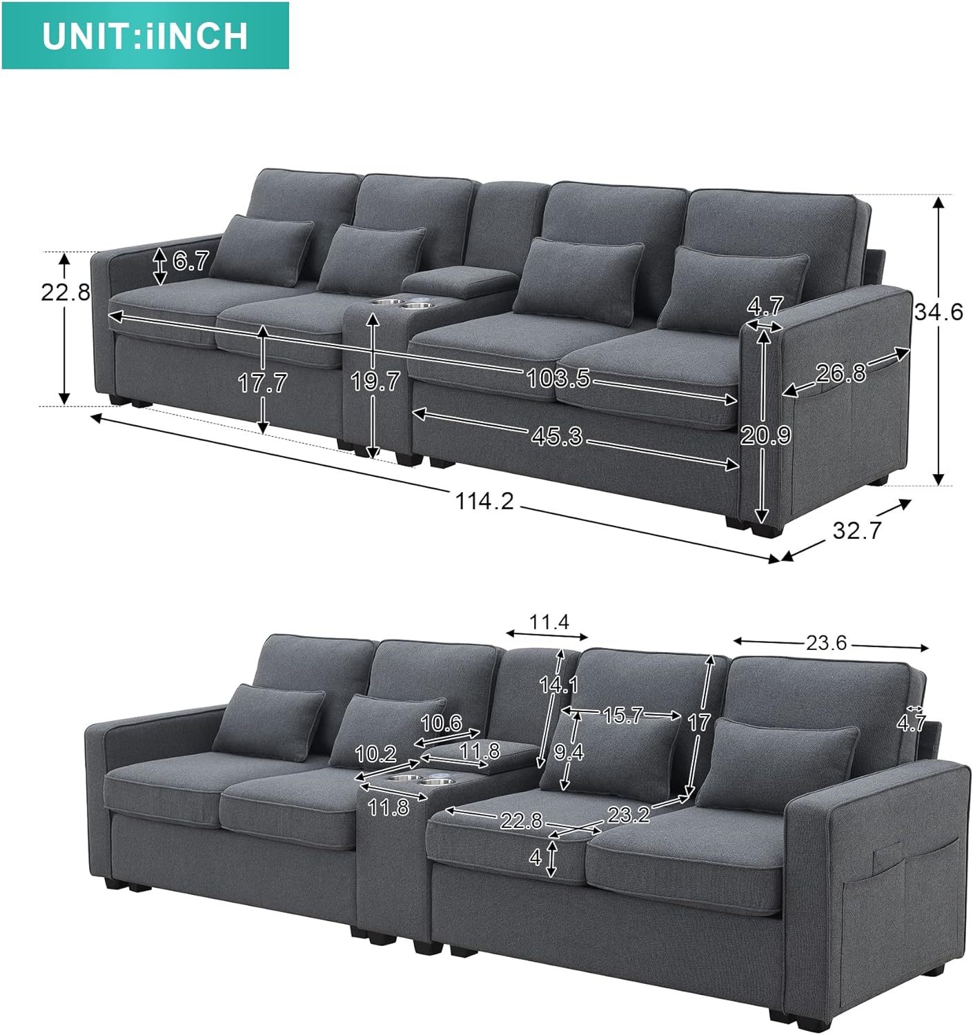 Sofá tapizado de 4 asientos de 114.2 pulgadas con mesa de centro almacenable y...