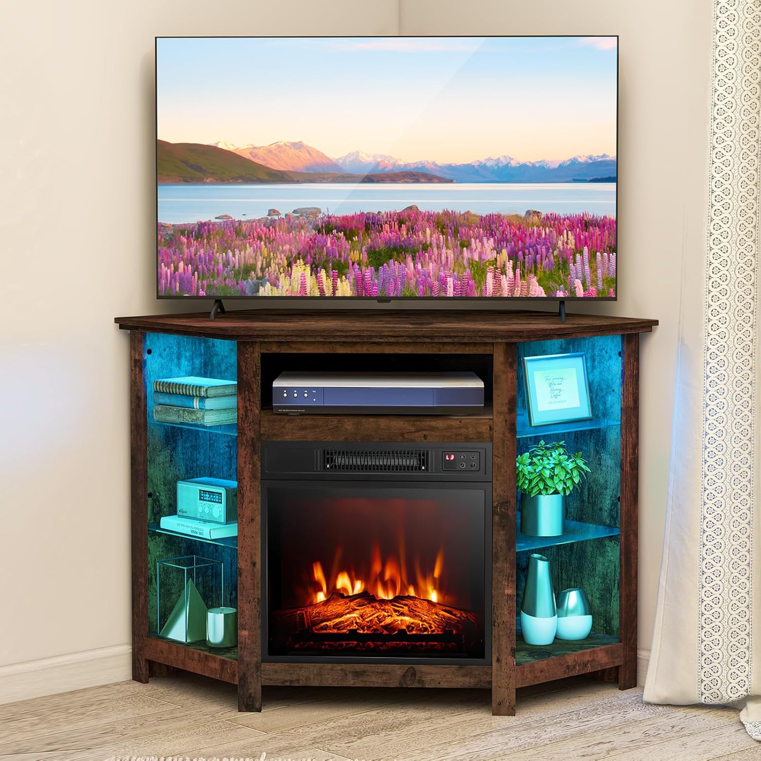 COSTWAY Soporte de TV de esquina con chimenea eléctrica para televisores de...
