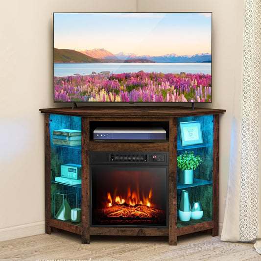 COSTWAY Soporte de TV de esquina con chimenea eléctrica para televisores de...