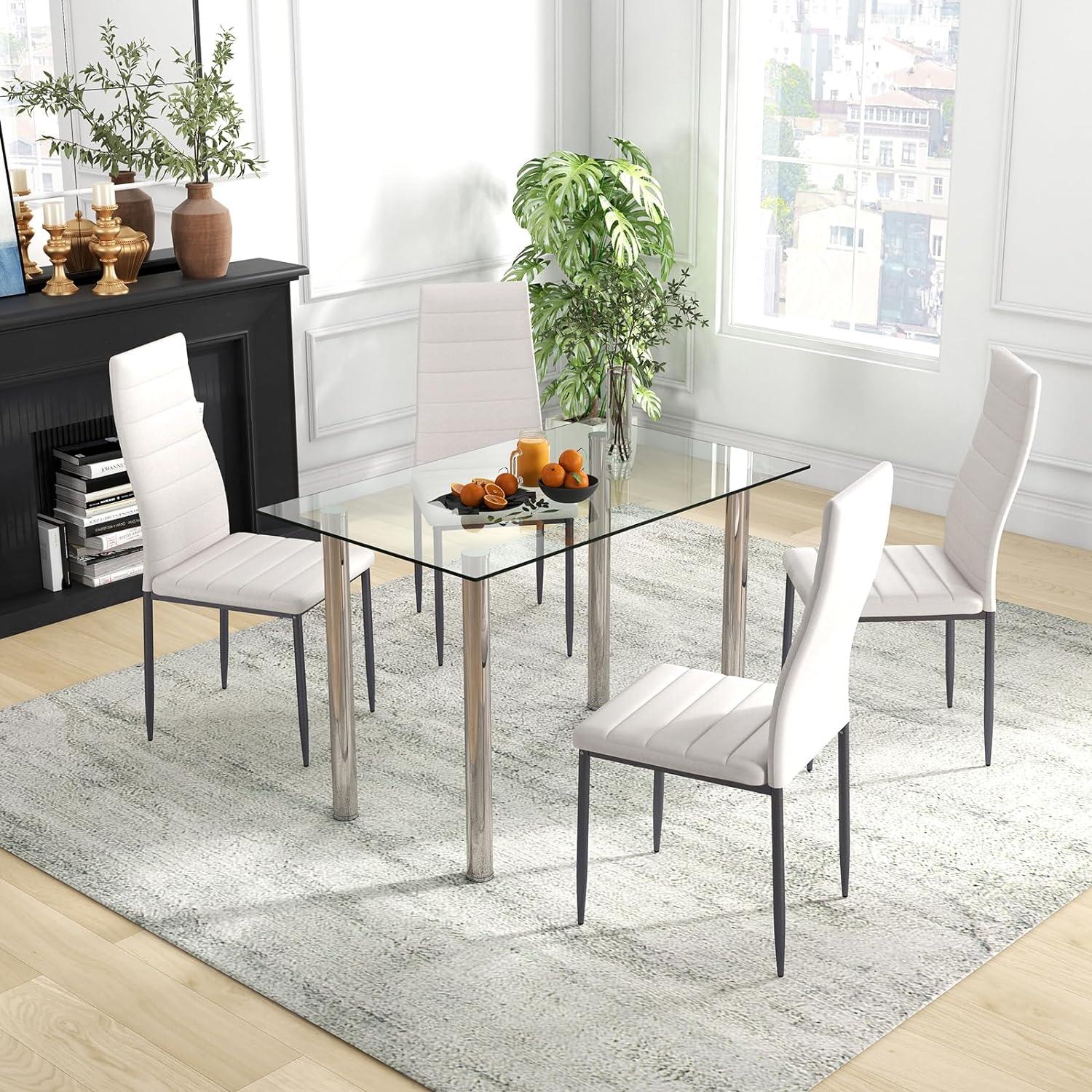 Juego de mesa de comedor para 4, moderna tapa de vidrio templado y silla de