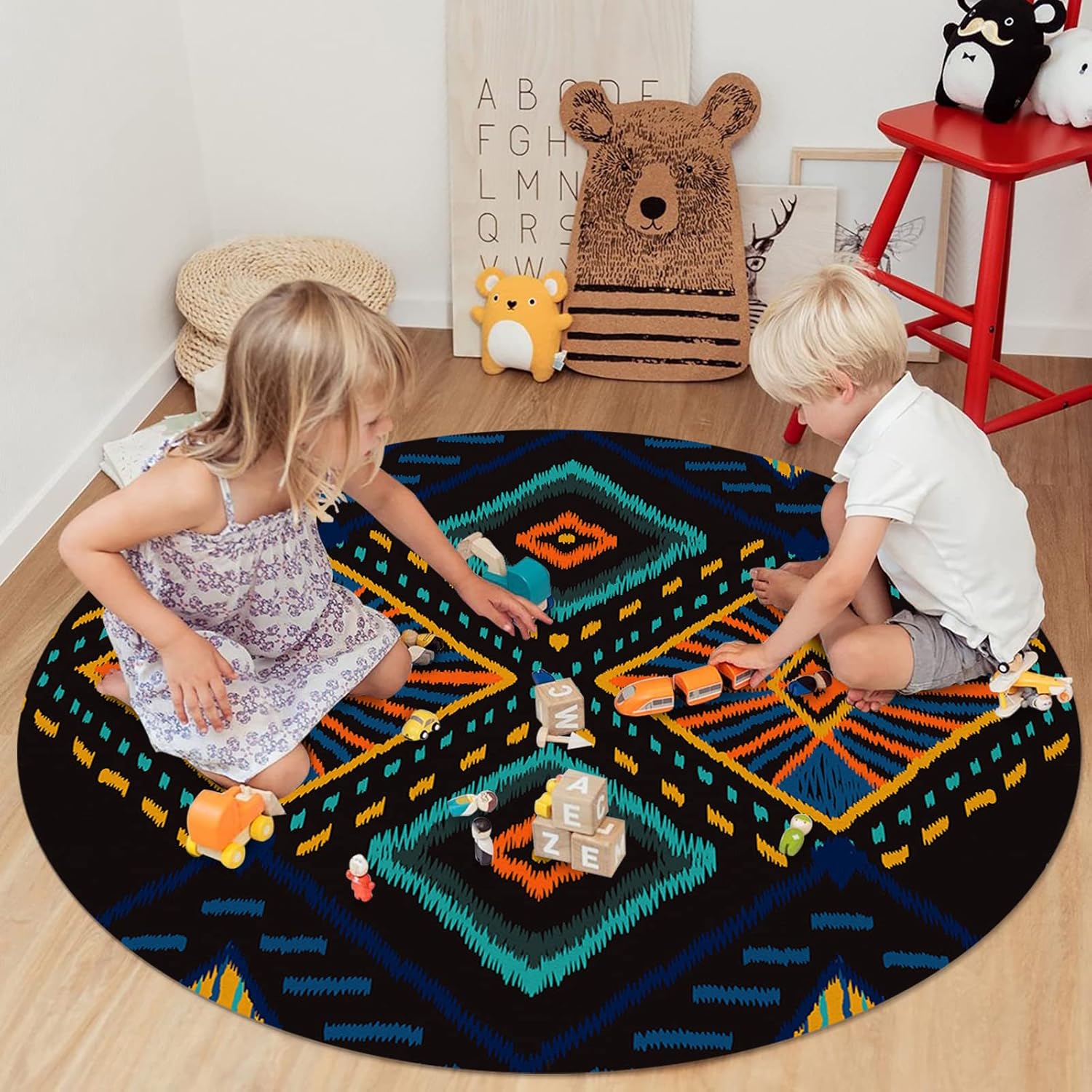 Alfombra bohemia redonda de 6 pies, lavable para interiores y exteriores, para...