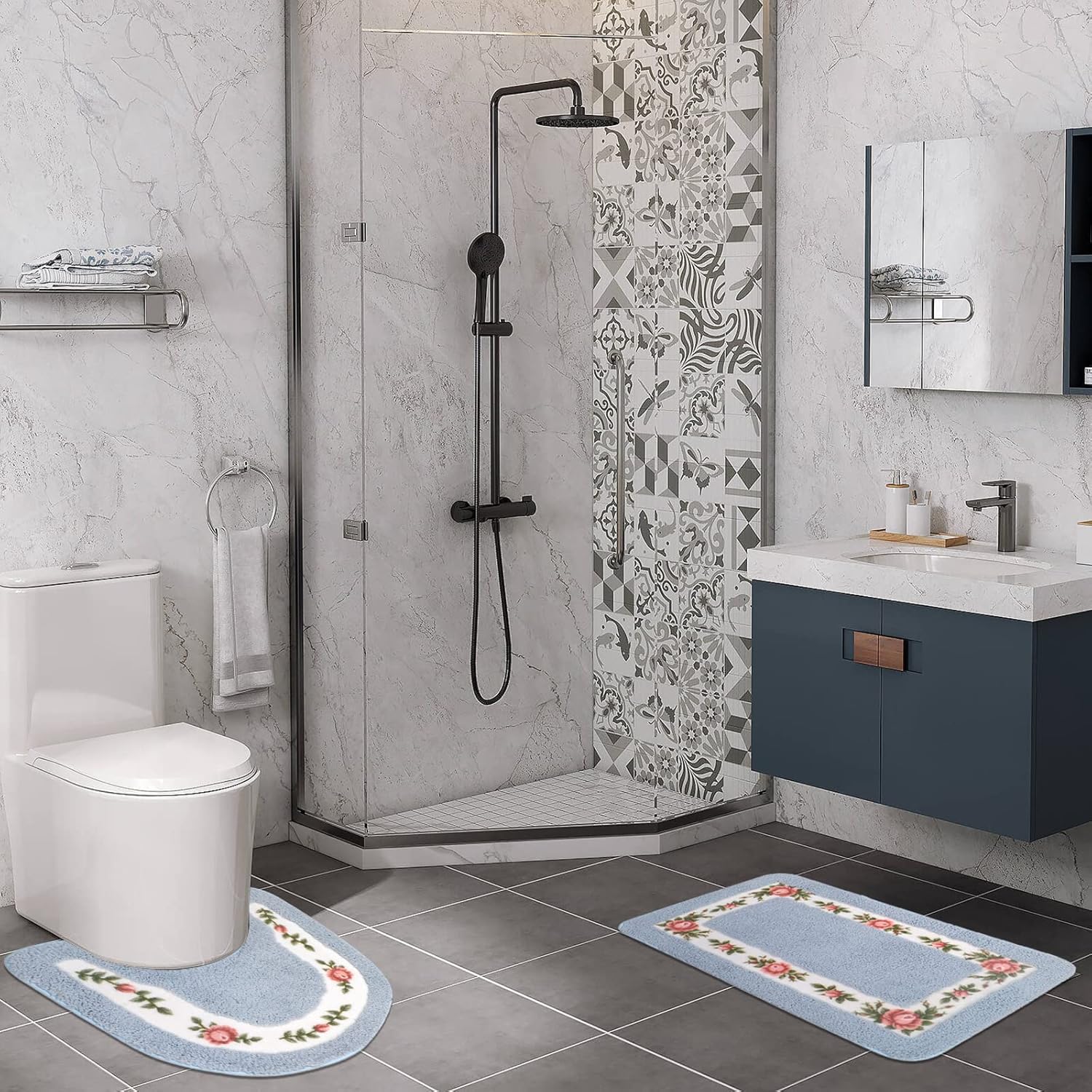 ABREEZE Juego de 2 alfombras de baño con diseño floral de rosas, tapete de...