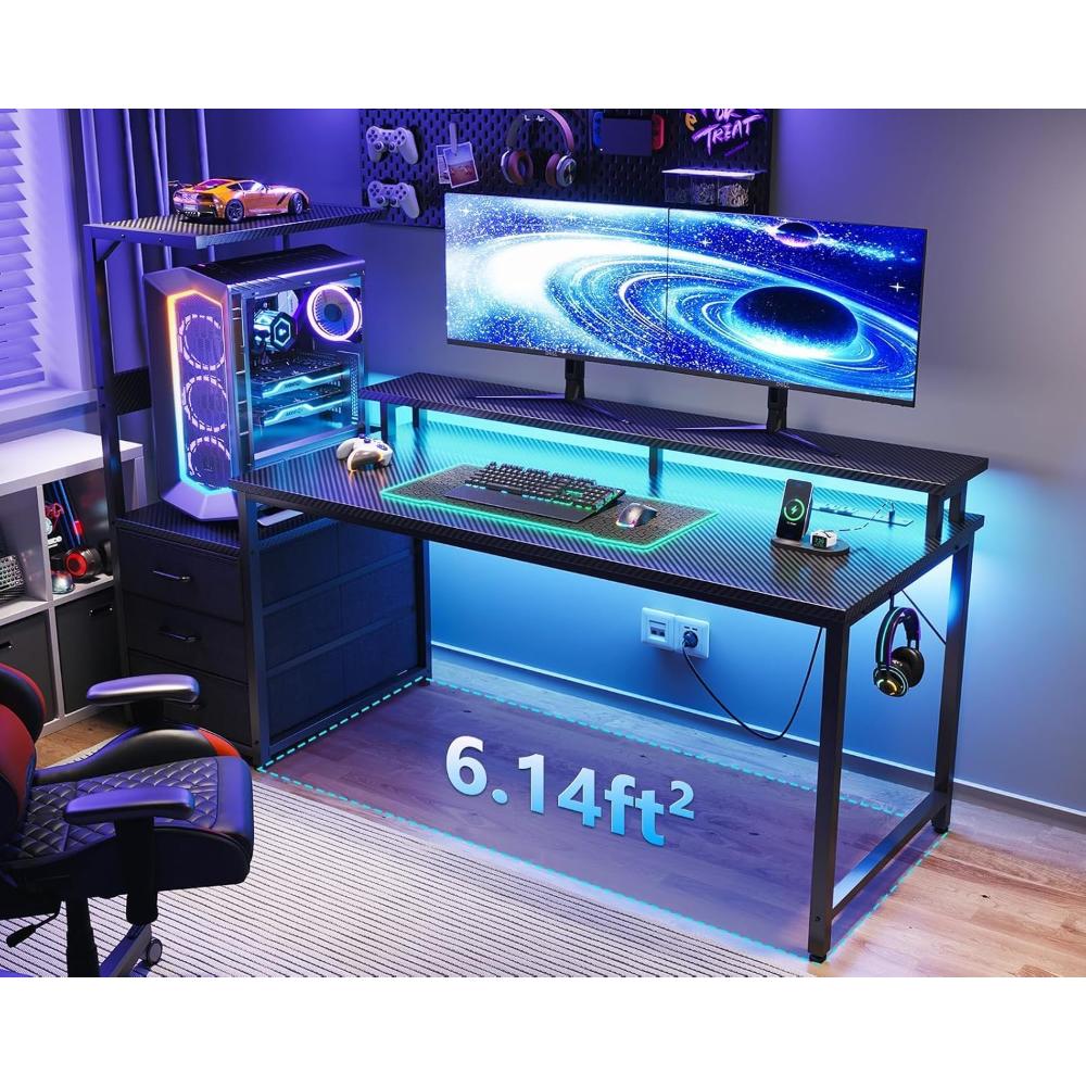 Escritorio Gamer Reversible AODK, Con Luz Led Y Puertos De Carga USB, Con Estantes De Almacenamiento Y Soporte Para Monitor