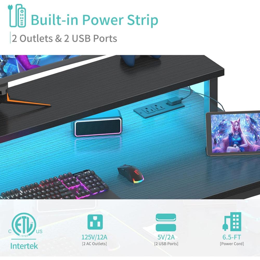 Escritorio Para Juegos Con Luces LED Y Tomas De Corriente, Lufeiya, Negro