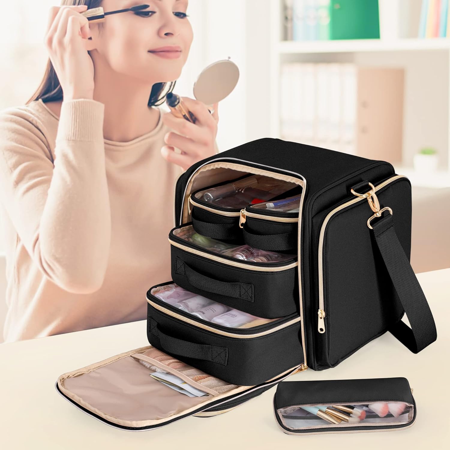 Bolsa de maquillaje de viaje con 5 estuches extraíbles, estuche grande para...
