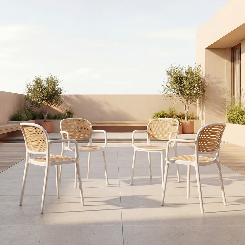 Set de 4 Sillas con Brazos Nest, Color Blanco y Beige, con Espaldar y Asiento en Rejilla