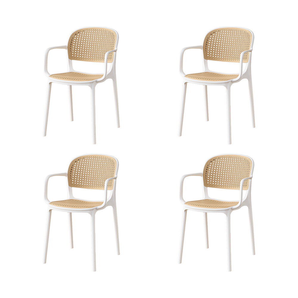 Set de 4 Sillas con Brazos Nest, Color Blanco y Beige, con Espaldar y Asiento en Rejilla