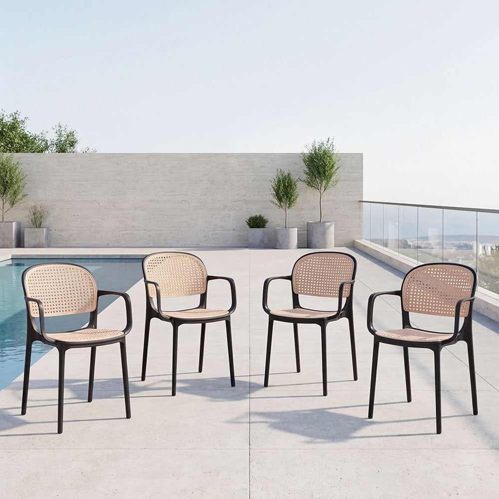 Set de 4 Sillas con Brazos Nest, Color Negro y Beige, con Espaldar y Asiento en Rejilla