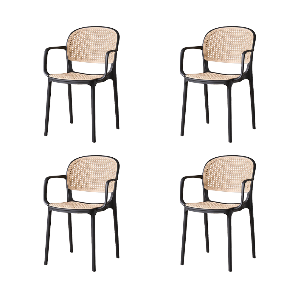 Set de 4 Sillas con Brazos Nest, Color Negro y Beige, con Espaldar y Asiento en Rejilla
