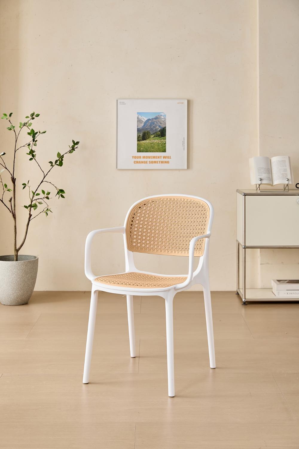 Silla con Brazos Nest, Color Blanco y Taupe, Con espaldar y asiento en rejilla