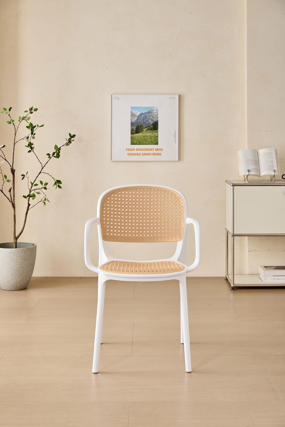 Silla con Brazos Nest, Color Blanco y Taupe, Con espaldar y asiento en rejilla