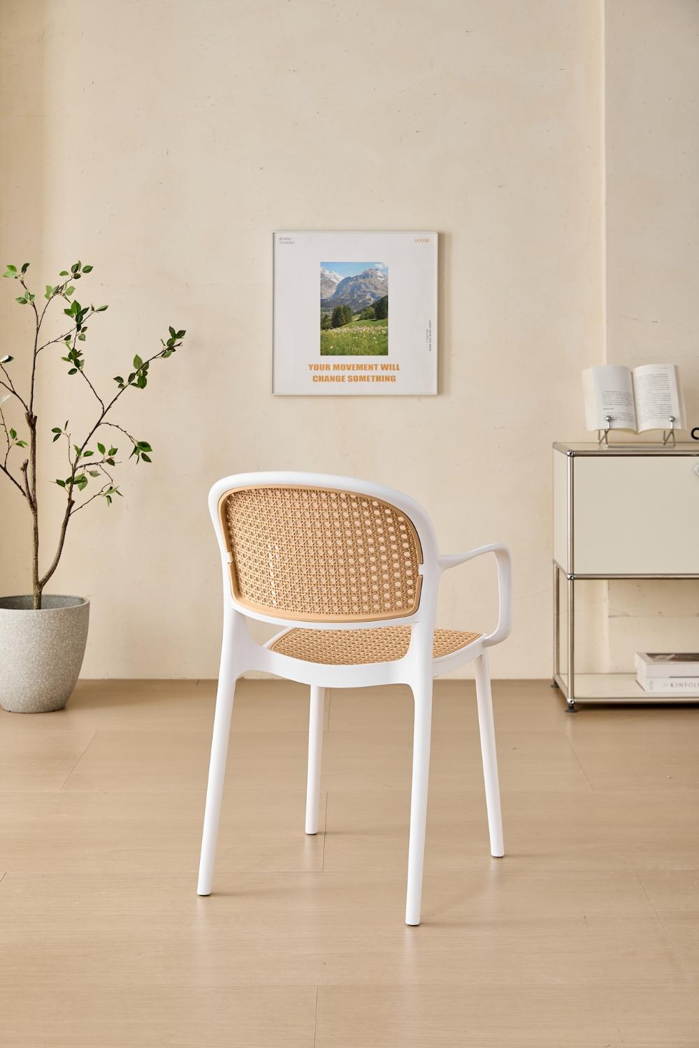 Silla con Brazos Nest, Color Blanco y Taupe, Con espaldar y asiento en rejilla