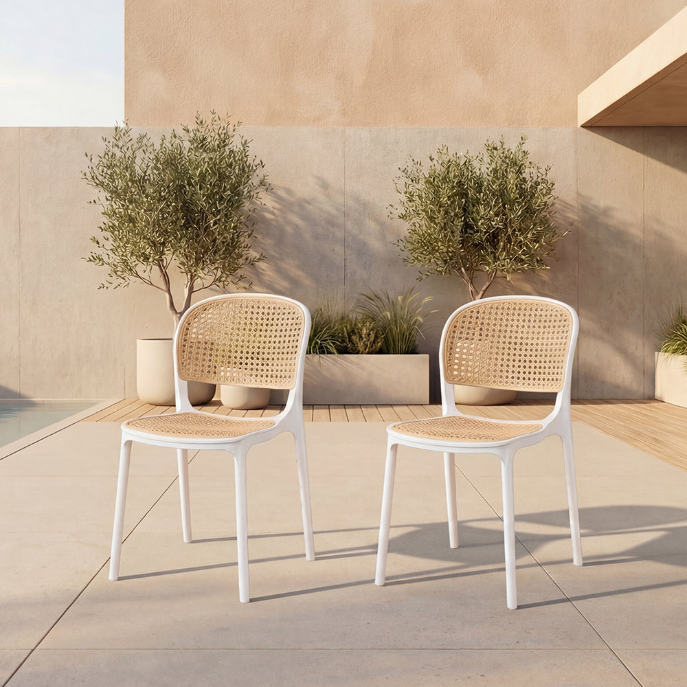 Set de 2 Sillas Nest, Color Blanco y Beige, con Espaldar y Asiento en Rejilla