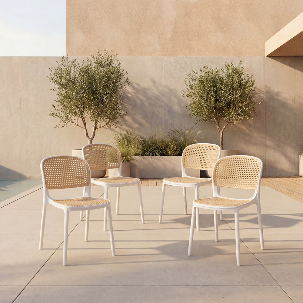 Set de 4 Sillas Nest, Color Blanco y Beige, con Espaldar y Asiento en Rejilla