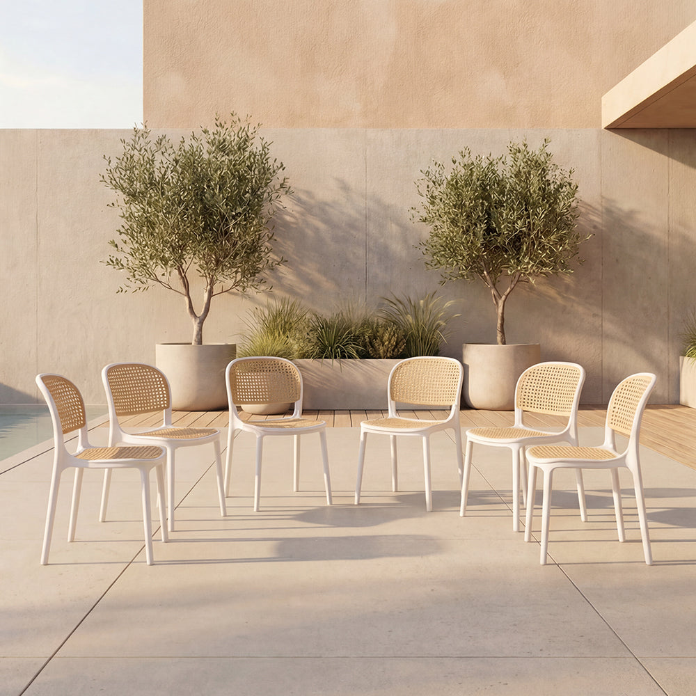 Set de 6 Sillas Nest, Color Blanco y Beige, con Espaldar y Asiento en Rejilla