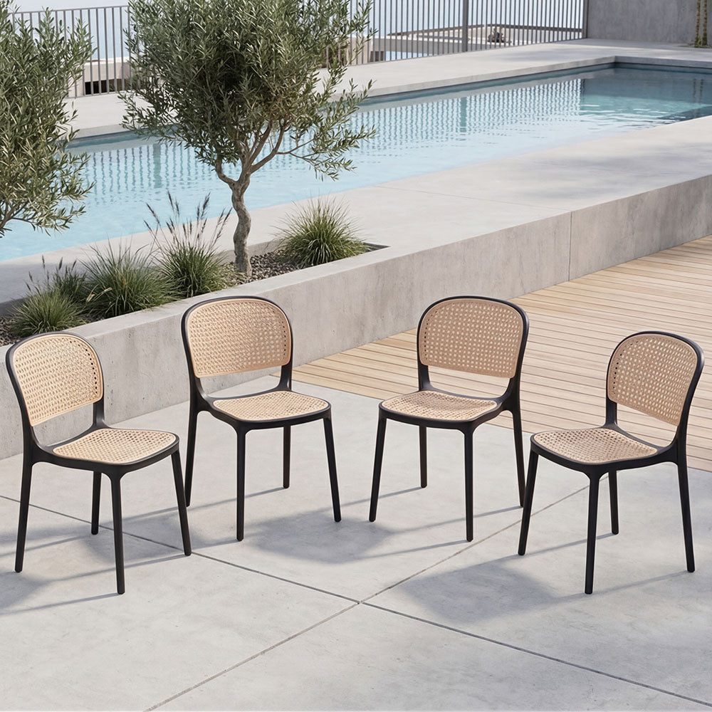 Set de 4 Sillas Nest, Color Negro y Beige, con Espaldar y Asiento en Rejilla