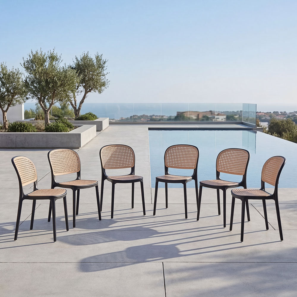 Set de 6 Sillas Nest, Color Negro y Beige, con Espaldar y Asiento en Rejilla
