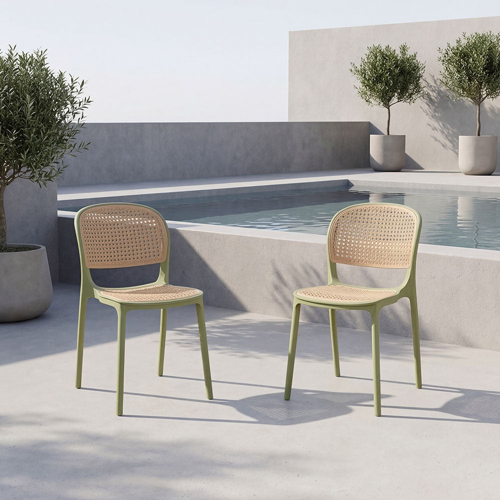 Set de 2 Sillas Nest, Color Verde Olivo y Beige, con Espaldar y Asiento en Rejilla