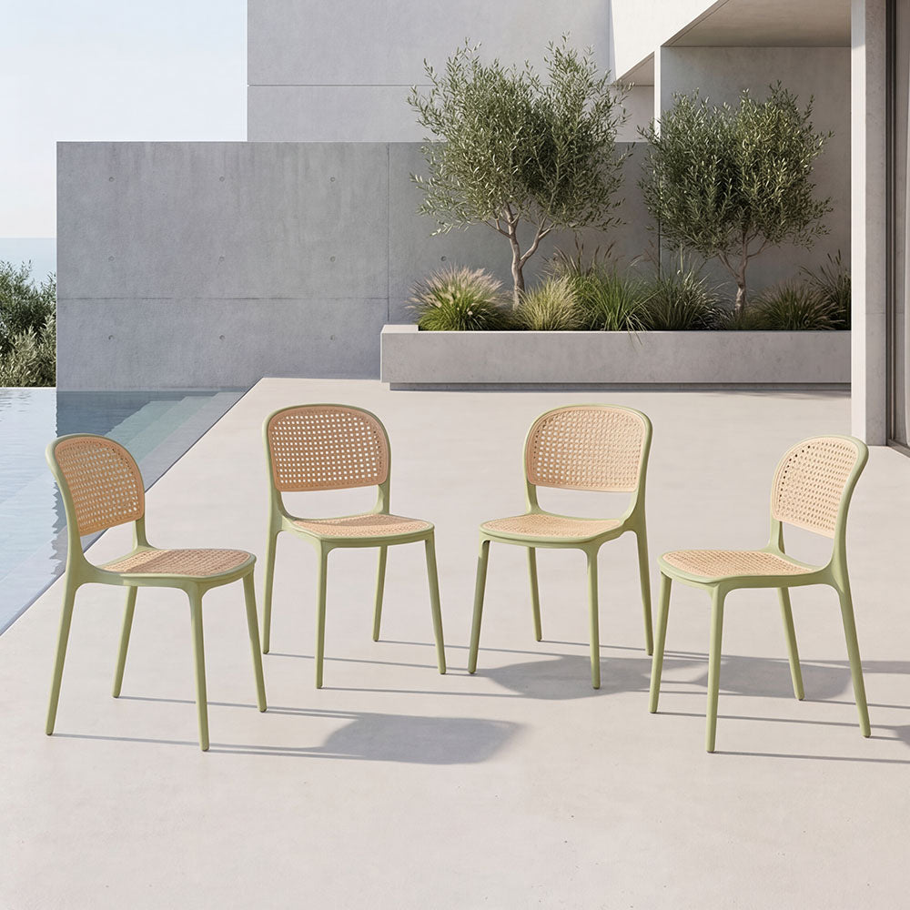Set de 4 Sillas Nest, Color Verde Olivo y Beige, con Espaldar y Asiento en Rejilla